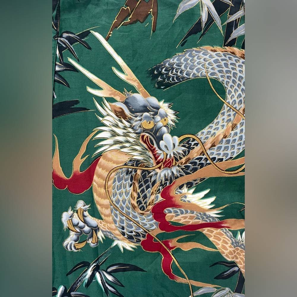 NWOT Japanese Yukata Robe Green Dragon and Bamboo Print Fabric Unisex - Picture 2 of 11